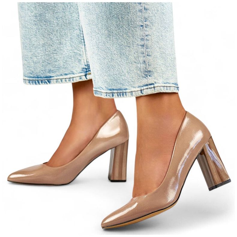 Pompe cu toc înalt cu vârf ascuțit de damă, bej patent GD-FL486A-T 1