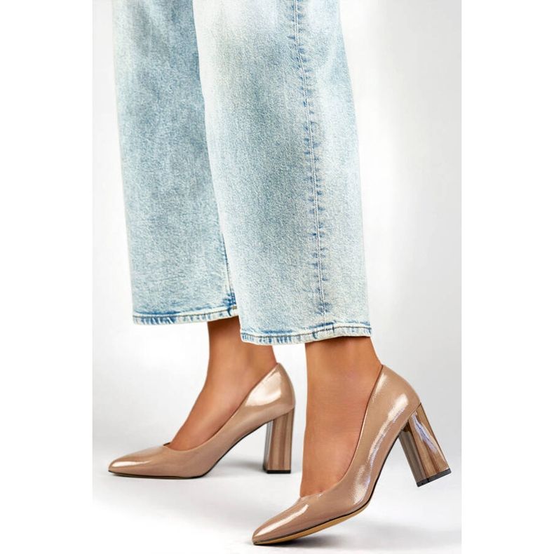 Pompe cu toc înalt cu vârf ascuțit de damă, bej patent GD-FL486A-T 2