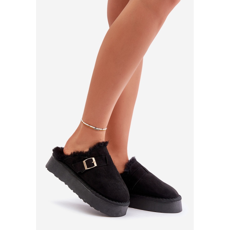 Papuci de dama pe talpa groasa cu blana si catarama, Linneola Neagra negru 1 Papuci de dama pe talpa groasa cu blana si catarama, Linneola Neagra negru 1