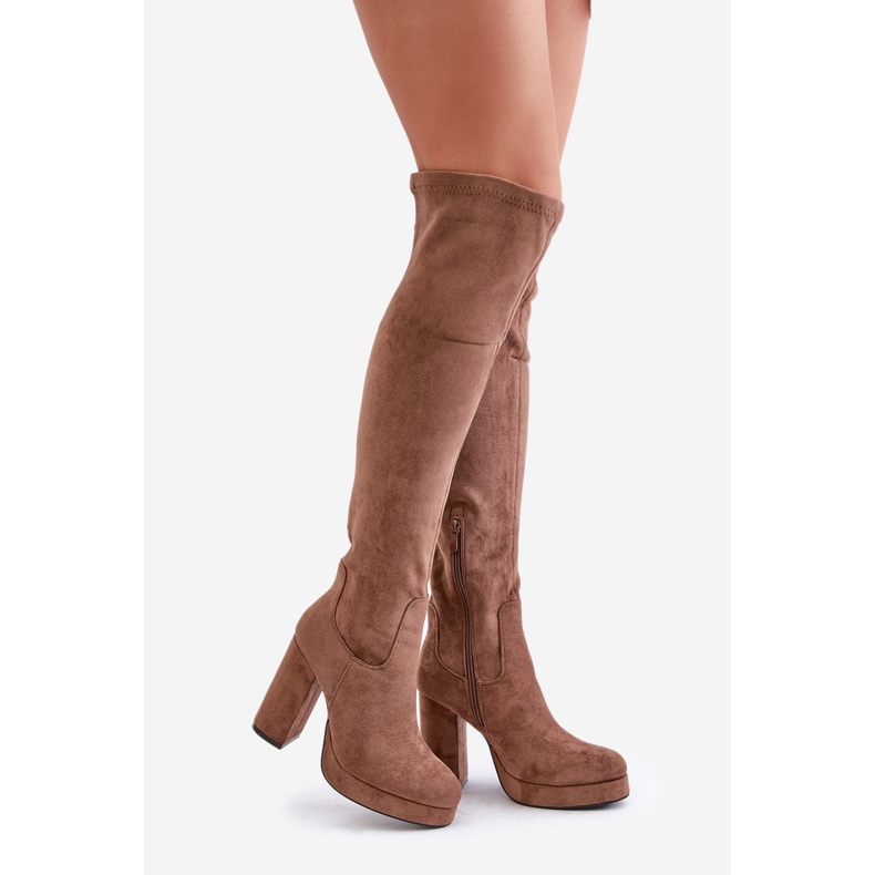 Cizme cu toc înalt și platformă cu căptușeală peste genunchi Din piele ecologică Bej închis Zistaria 1