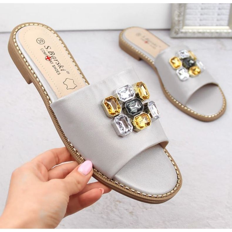 S.Barski W OLI262B șlapi argintii cu zirconi 1