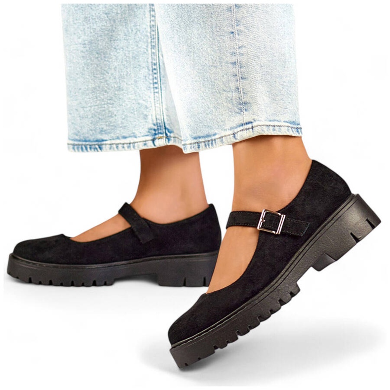 Pantofi de damă din piele de căprioară cu cataramă, negri 2720-1B negru 1