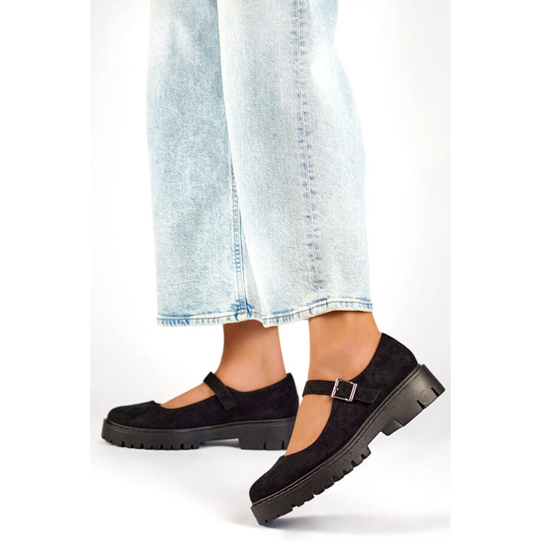 Pantofi de damă din piele de căprioară cu cataramă, negri 2720-1B negru 2