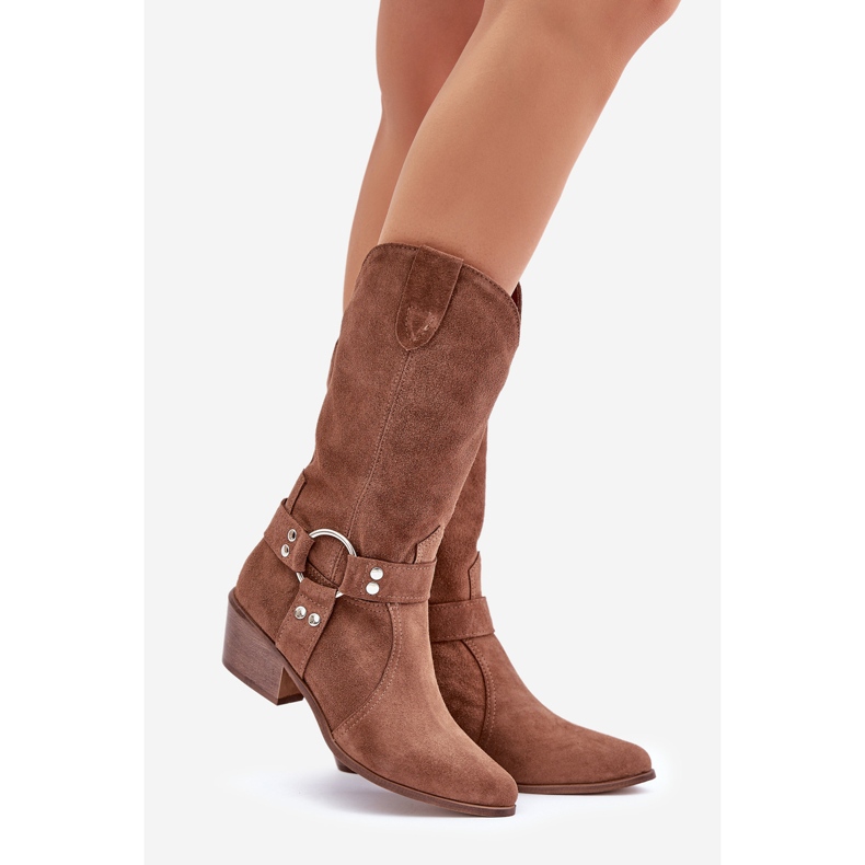 Cizme de cowboy din piele intoarsa Zazoo 3669 maro la mijlocul gambei 1