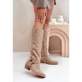 Cizme din piele intoarsa pe tocuri joase, cu partea superioara deasupra genunchiului Zazoo 3444/O Bej deschis 2