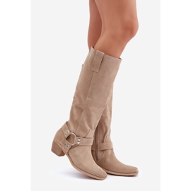 Cizme din piele intoarsa pe tocuri joase, cu partea superioara deasupra genunchiului Zazoo 3444/O Bej deschis 1
