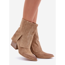 Cizme de cowboy din piele intoarsa cu toc inalt, cu partea superioara inaltata Zazoo 3488 bej 1