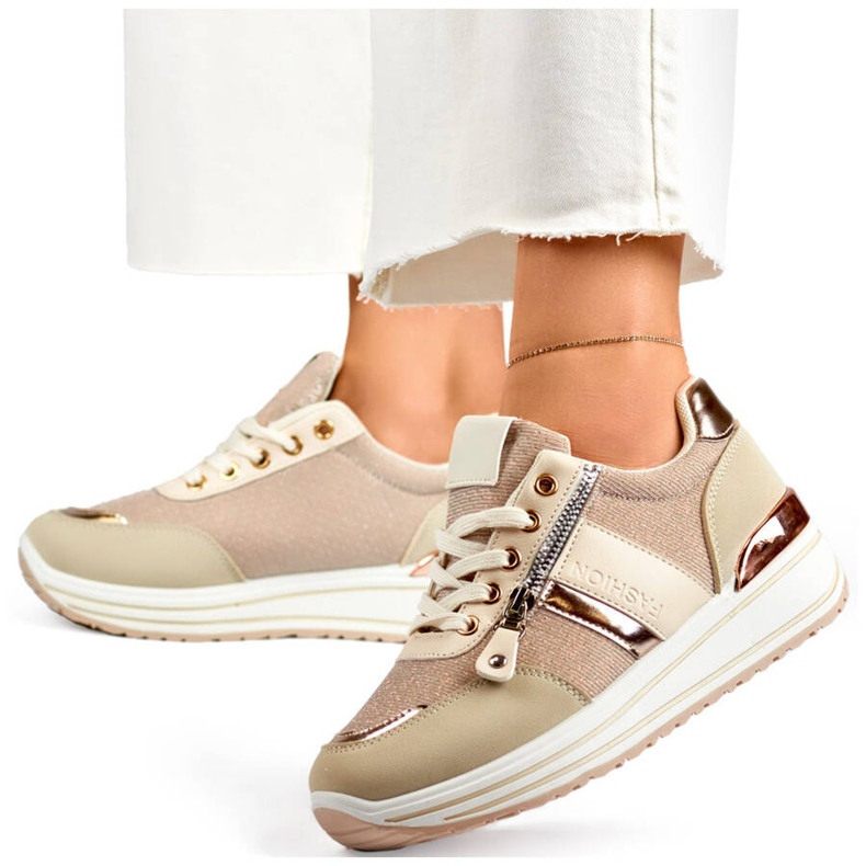 Pantofi sport dama, adidasi bej cu sclipici 9053-SP-BE 1