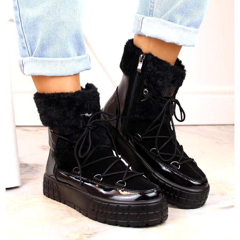 Cizme de zăpadă pentru femei Filippo cu blană, blană lăcuită neagră negru 3