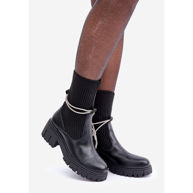 Botine negre Dinarca cu ciorap si dantela lucioasa negru 1 Botine negre Dinarca cu ciorap si dantela lucioasa negru 1