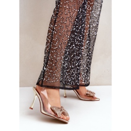 Sandale transparente cu toc înalt, cu fundă aurie strălucitoare de aur 2