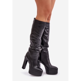 Cizme cu toc inalt si platforma din piele ecologica, neagra negru 1 Cizme cu toc inalt si platforma din piele ecologica, neagra negru 1