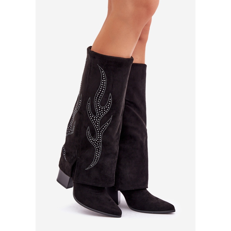 Cizme decorate cu căptușeală răsturnată pe toc înalt, negre negru 1