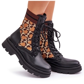 Botine De Damă Worker Cu Șosetă De Leopard Print Negru Penthis 10