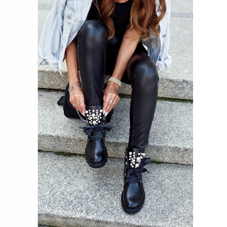 Ideal Cizme Călduțe De Damă Cu Perle și Panglică negru 3 Ideal Cizme Călduțe De Damă Cu Perle și Panglică negru 3