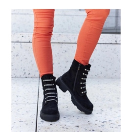 Botine negre izolate din piele intoarsa ecologica cu strasuri negru 1