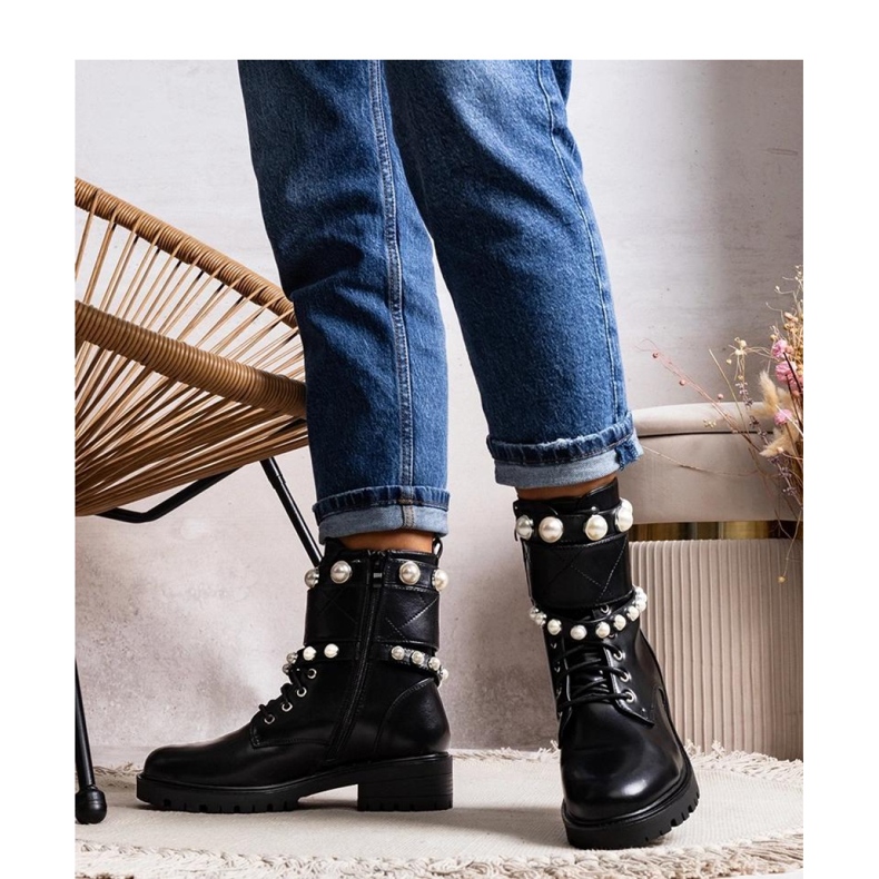 Solea Botine de dama negre cu siret cu perle negru 1