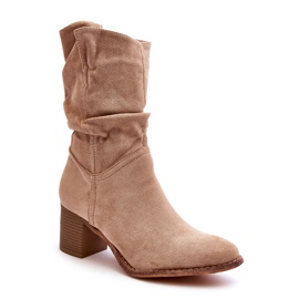 Evento Cizme izolate de damă Shavy Bej, cu o parte superioară încrețită pe un toc înalt 2