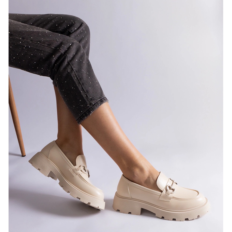 Mocasini din piele ecologica bej cu decor auriu 1