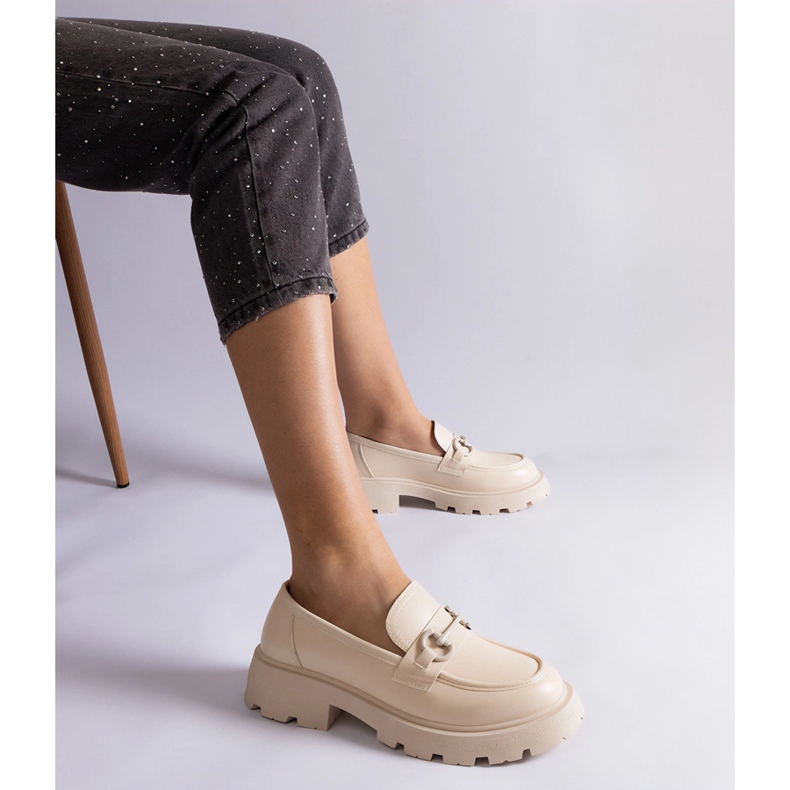 Mocasini din piele ecologica bej cu decor auriu 2