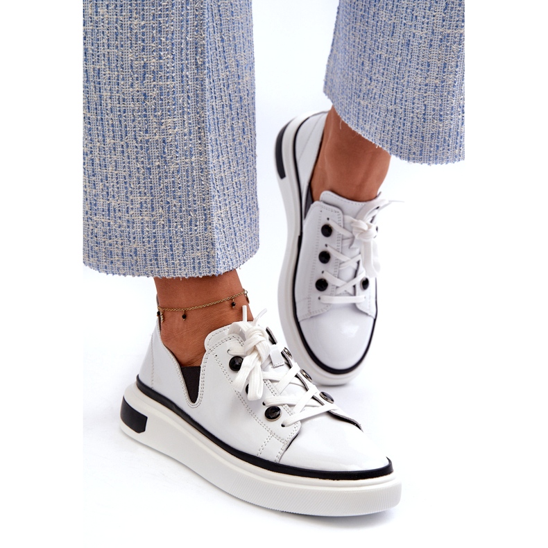 S.Barski Pantofi sport pentru femei lăcuite din piele LR535 Alb 1