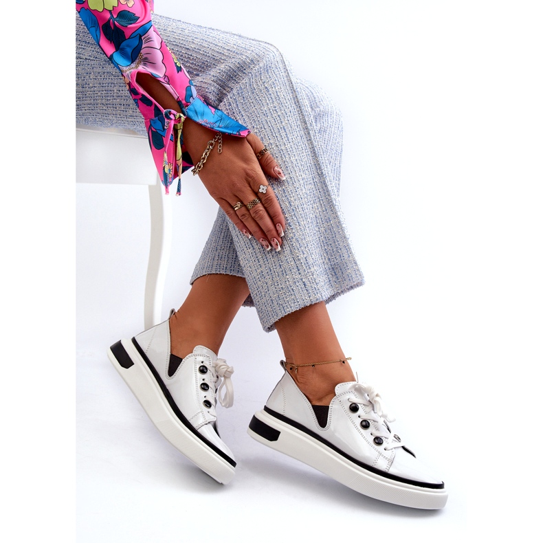 S.Barski Pantofi sport pentru femei lăcuite din piele LR535 Alb 3