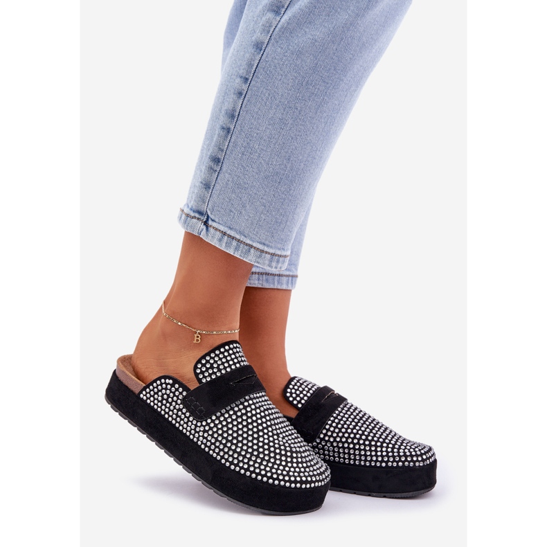Flip -flops pentru femei decorate cu zirconi pe platforma neagră negru 1