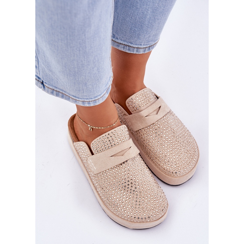 Papuci pentru femei decorate cu zirconi pe platformă bej 2