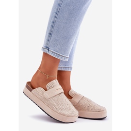 Papuci pentru femei decorate cu zirconi pe platformă bej 1