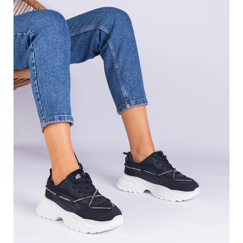 Adidatoarele pentru femei negre decorate cu un șir de zircon negru 1