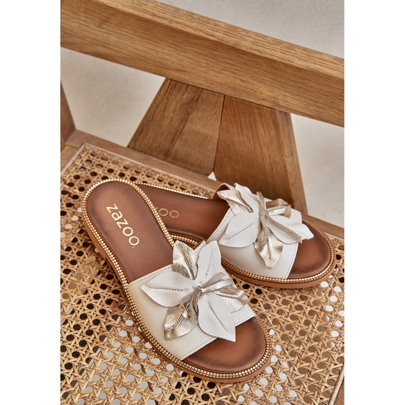 Papuci cu decorare piele naturală Zazoo 3667 Alb 2