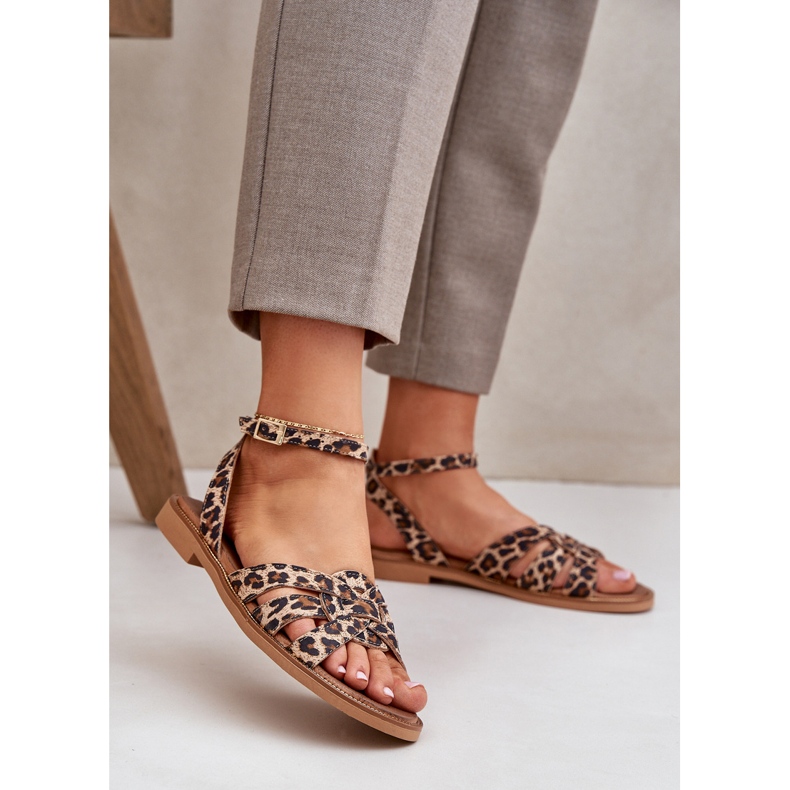 Zazoo Sandale din piele pentru femei cu tocuri plate leopard print 3688 maro 2