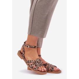 Zazoo Sandale din piele pentru femei cu tocuri plate leopard print 3688 maro 1