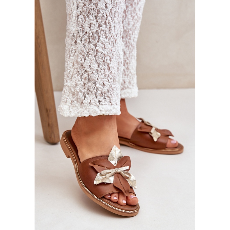 Papuci cu decor din piele naturală Zazoo 3574/Z Camel maro 2