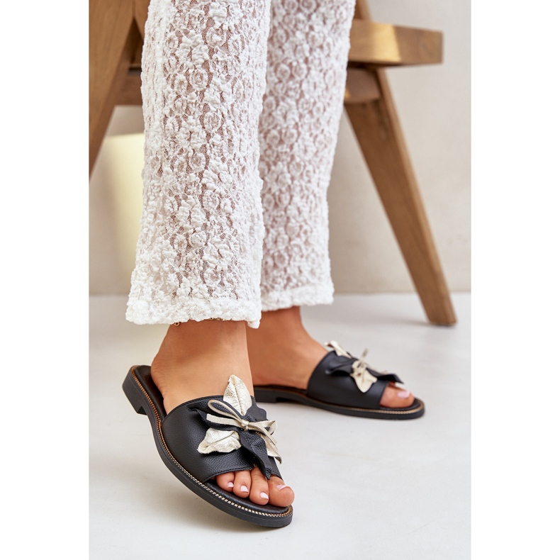 Papuci cu decorare piele naturală Zazoo 3574/Z Black negru 2