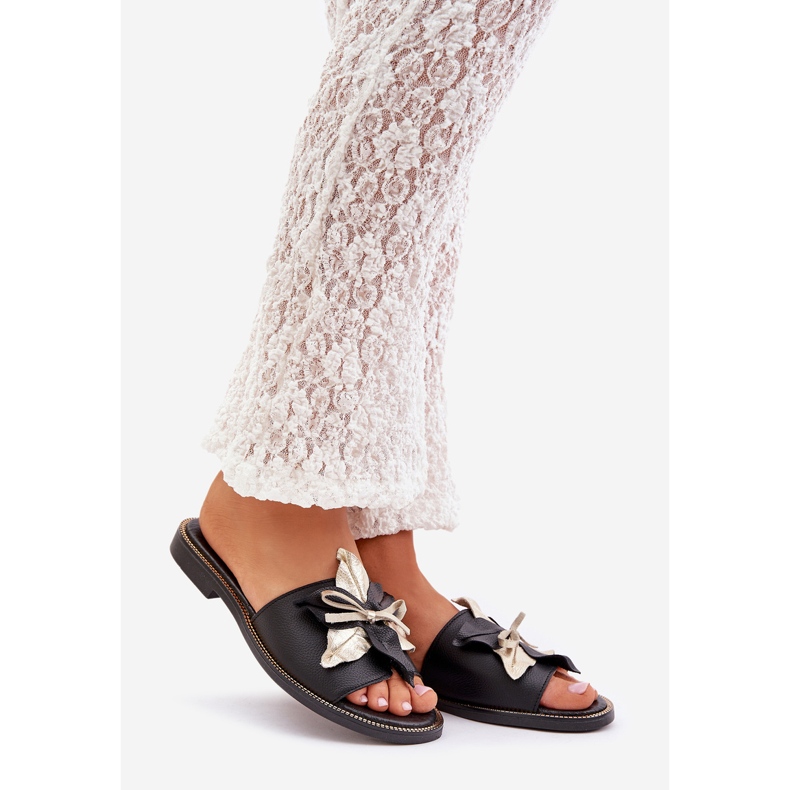 Papuci cu decorare piele naturală Zazoo 3574/Z Black negru 1