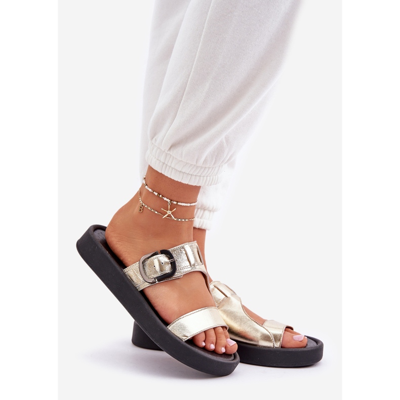 Zazoo Papucii din piele pentru femei pe platforma Zloty Zloty Zloty de aur 1