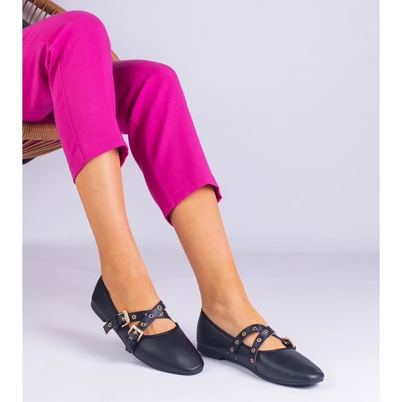 D/CEO Balerine negre din Eco -Leather decorate cu catarame Emmarino negru 1