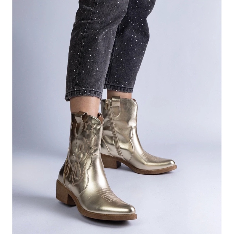 D/CEO Cizme de cowboy de dama aurii cu toc inalt, Madeira metalizat metalic de aur 2