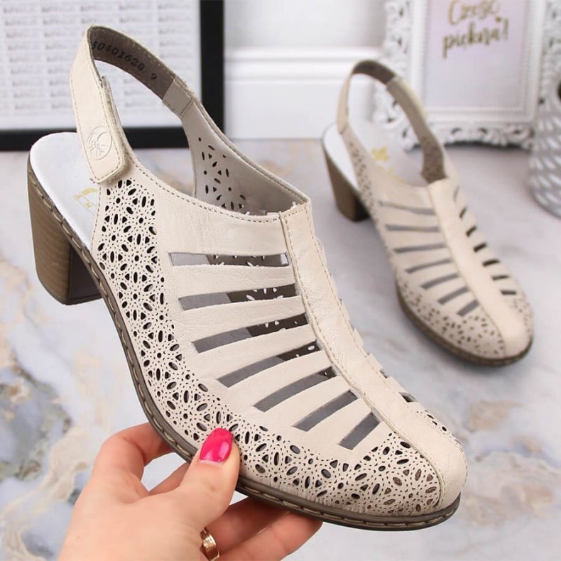 Sandale cu toc Rieker W RKR49B din piele, bej 2