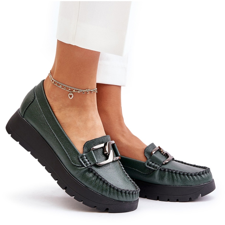 Zazoo 10141 Mocasini De Piele Pe O Platforma Cu Decorat, Verde Inchis 4