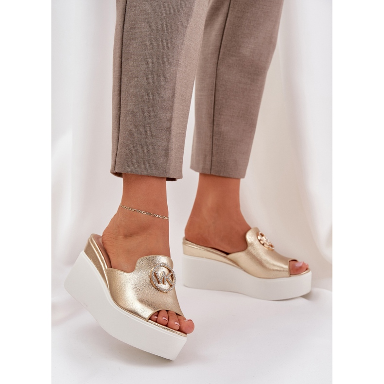 Papuci pe platformă și pene cu un ornament de aur 2