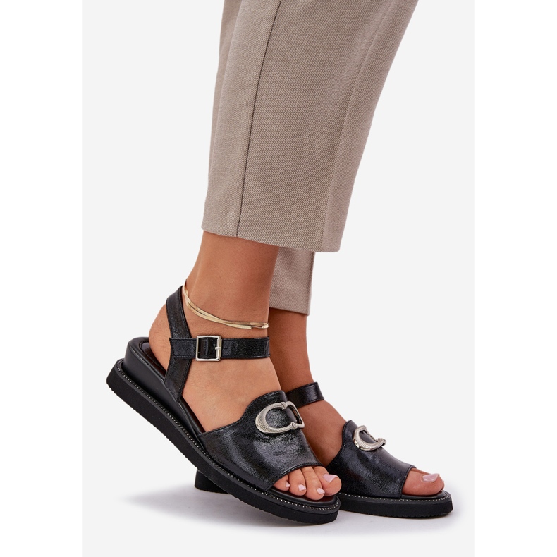 Jezzi Sandale de pană pentru femei pictate cu un decor negru 1