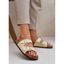 Material flip -flops pe o talpă de plută cu catarame galbene 2