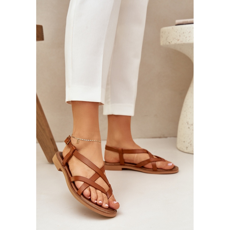 Sandale plate din piele cu curele maronii Zazoo 40429 2