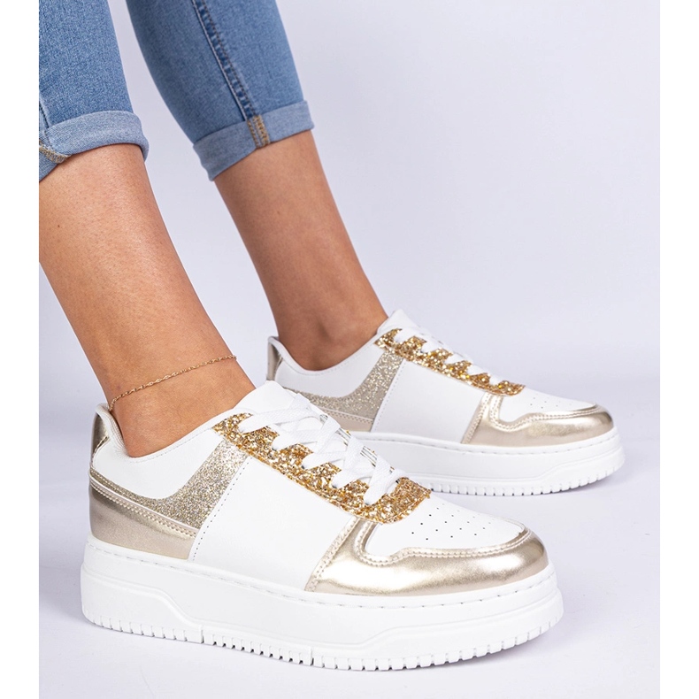 Adidașii pentru femei de aur pe o talpă groasă decorată cu sclipici 2