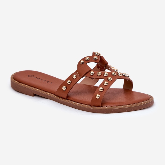 Flip -flop -uri pentru femei cu cămile plate decorate maro 2 Flip -flop -uri pentru femei cu cămile plate decorate maro 2