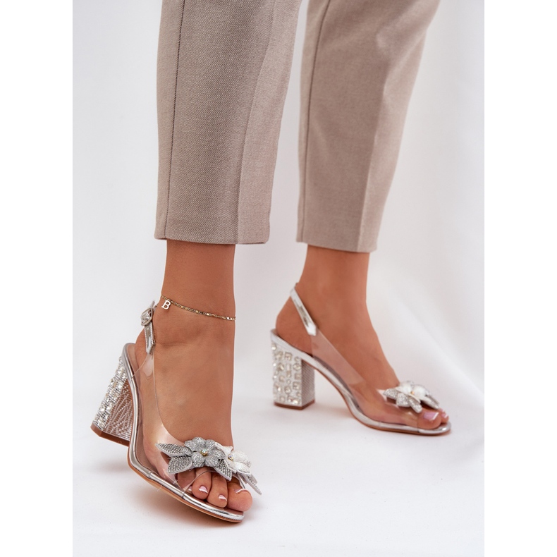 S.Barski Sandale transparente cu flori pe călcâiul decorat D&amp;A MR38-331 Silver argint 2