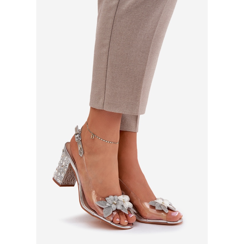 S.Barski Sandale transparente cu flori pe călcâiul decorat D&amp;A MR38-331 Silver argint 1