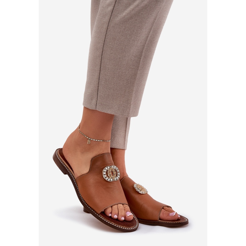 Flip -flop -uri pentru femei elegante cu decor Zazoo 3008 Camel maro 1